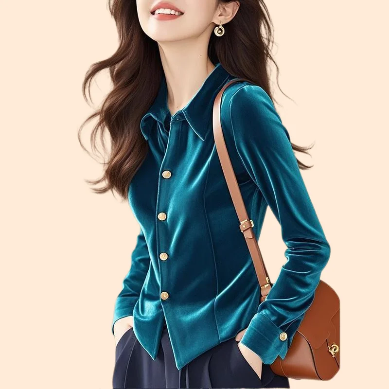 女性のブラウス 2025 春秋ブルーベルベット気質ラペルレディースシャツ無地ファッション長袖女性スリムトップ