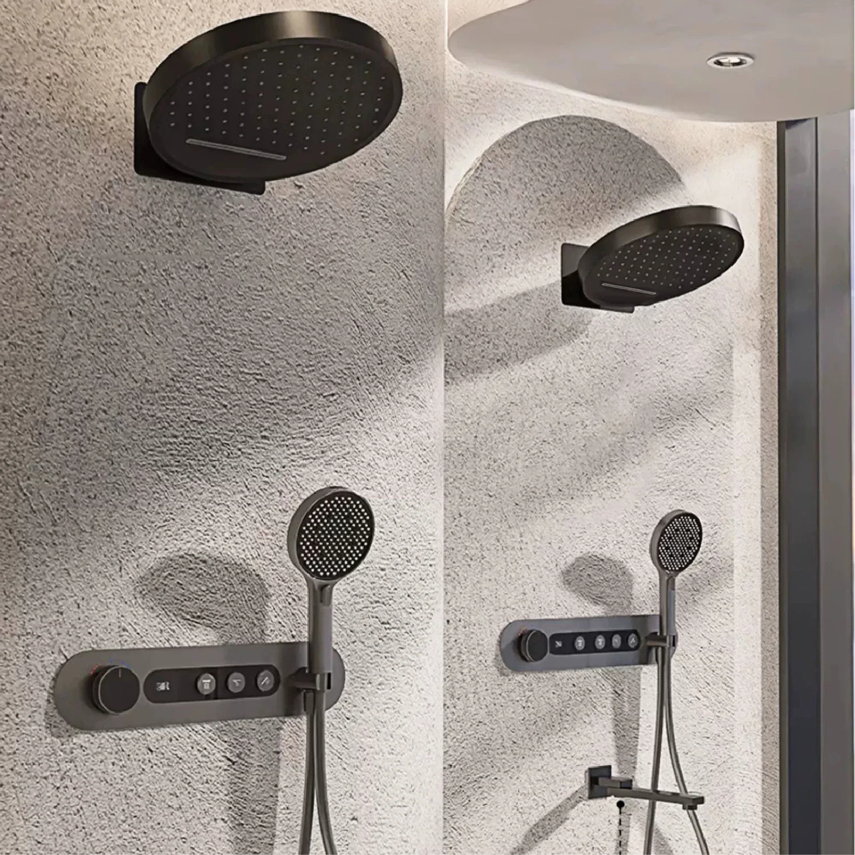 

Luxury Round Gun Gray Brass Shower System, Intelligent Digital Display, Four Functions, Cold And Hot Dual Control Tap