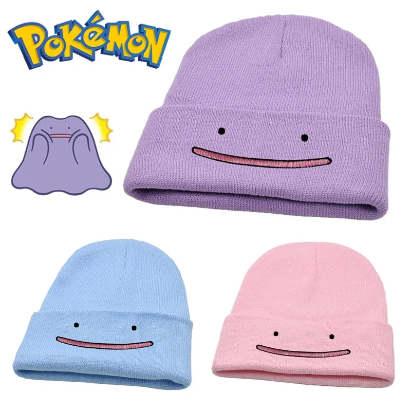 Pokemon Cute Ditto Beanies Women Winter Warm Hat Anime Brooch Solid Color Funny Embroidery Caps for Men Knitted Bonnet Unisex