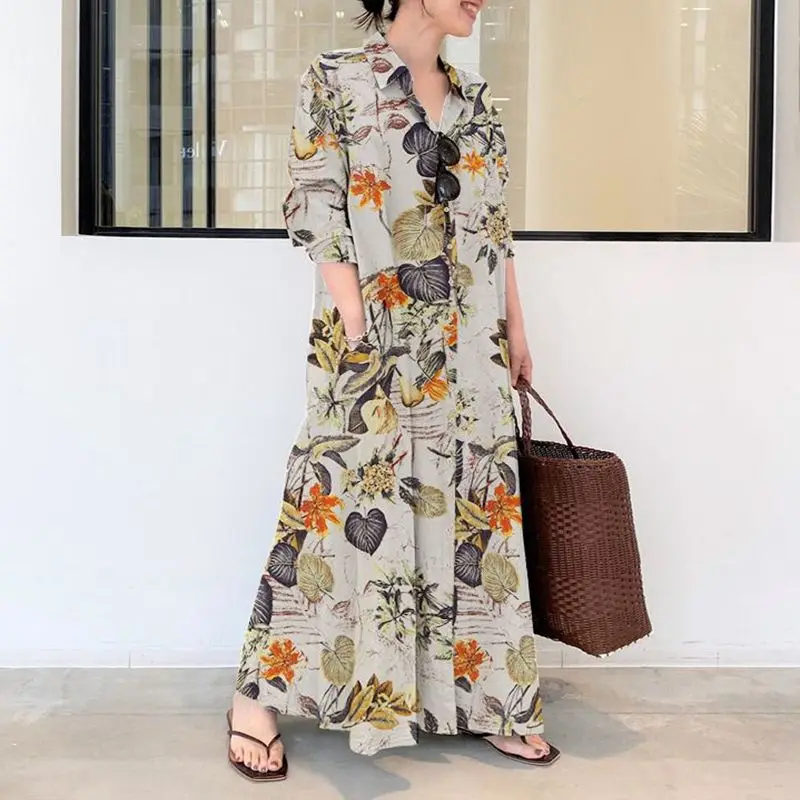 

Fall Plus Size Casual Long Dress 7XL 6XL 5XL 4XL Fashion Ladies Cotton Linen Lapel Long Sleeve Pocket Loose Dress