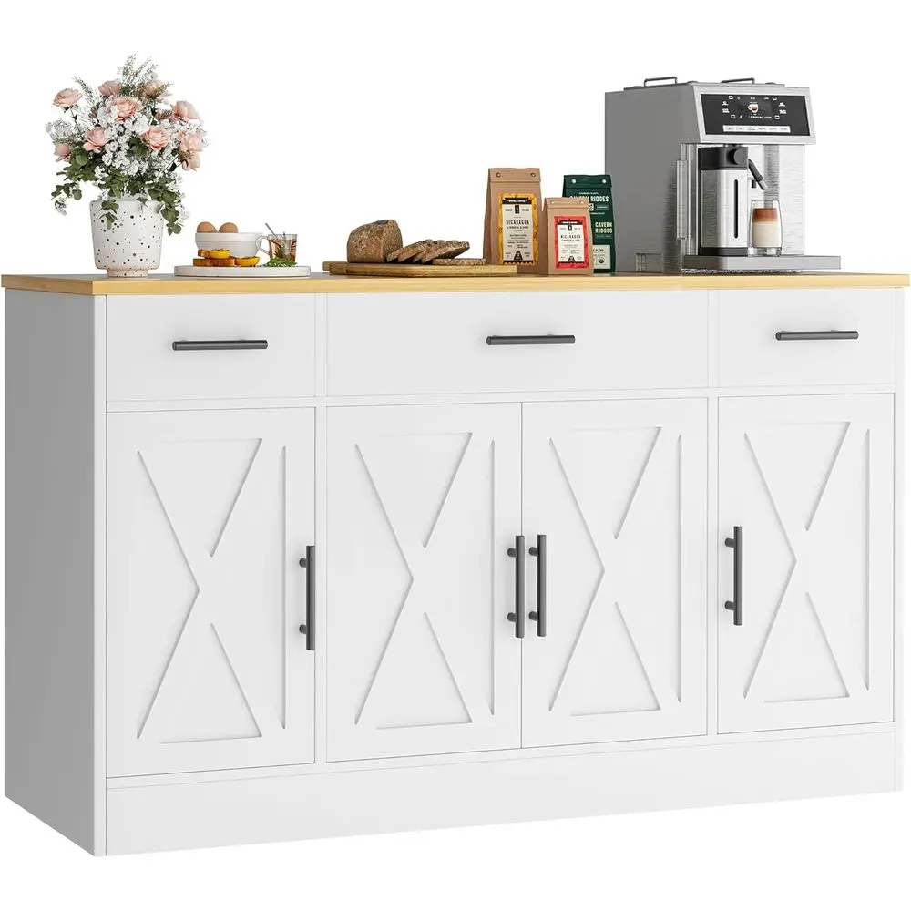 Large 53 White Buffet Cabinet with Storage and Adjustable Shelves for Kitchen and Dining Room