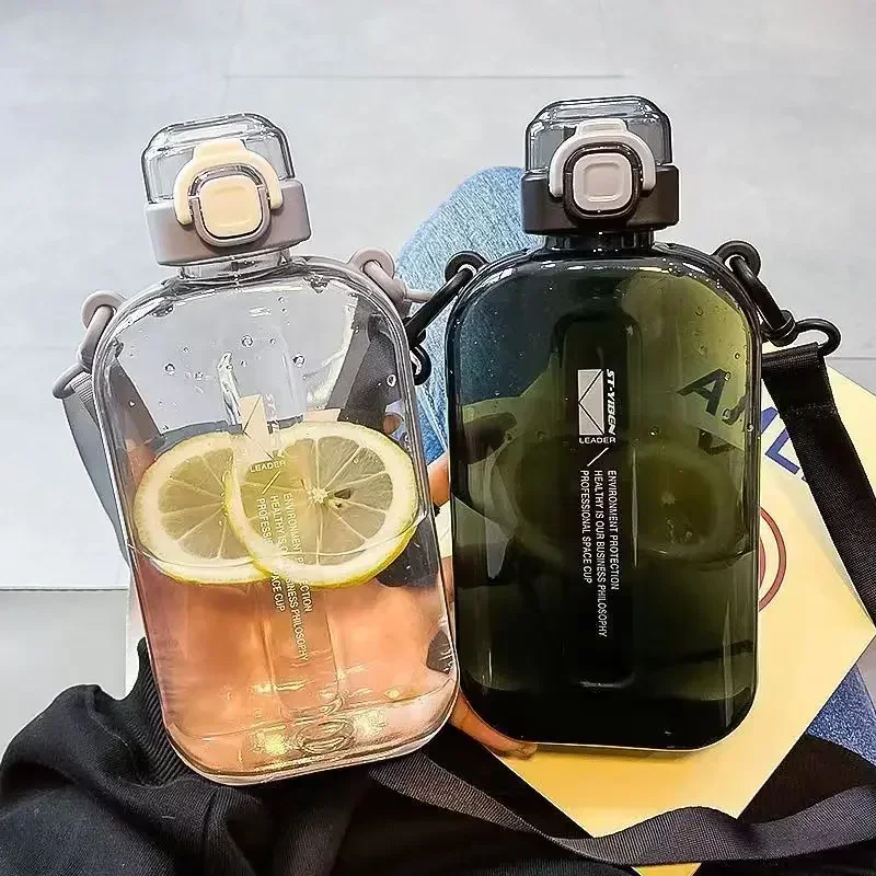 Flat Square Transparent Water Bottle Portable Travel Canteen with Adjustable Strap Elegant Slim Bottle for Sport Camping