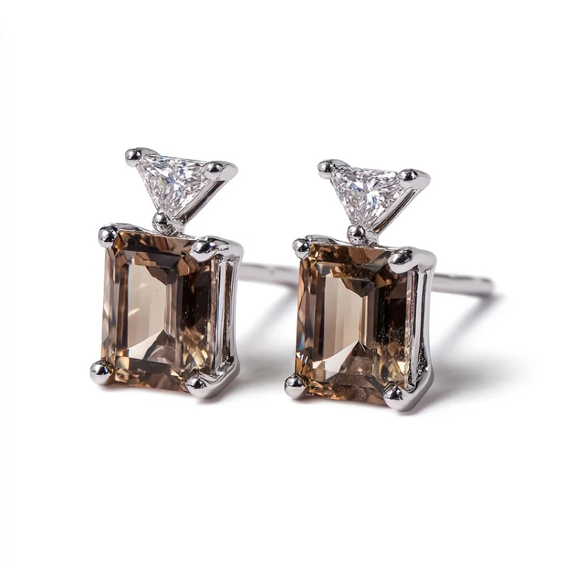 

SGARIT Female Luxury Natural Tea Crystal Stud Earrings Classic Tea Color Zircon Square Stone Earrings Vintage Small Earrings