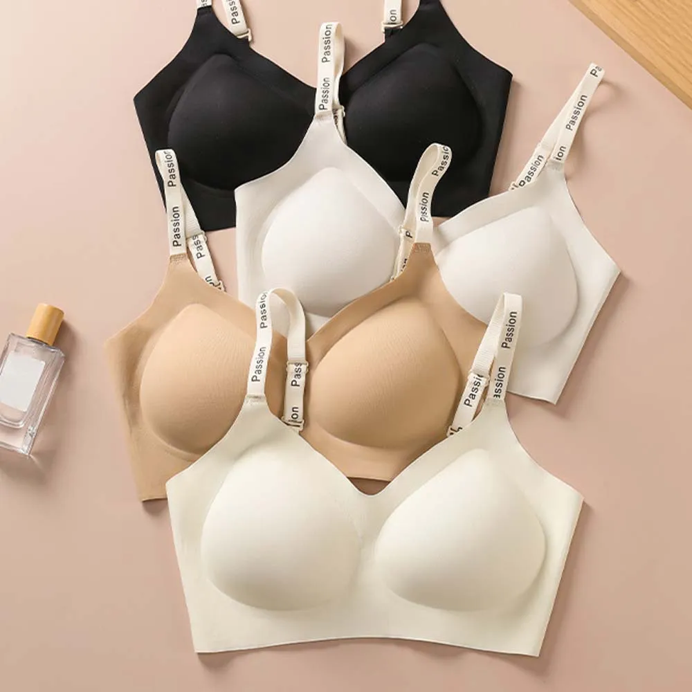英語レタープリントワイヤレスディープVブラ、耐震性、ぴったりフィット、プッシュアップ、寄せ上げ効果のあるシームレスブラ、跡が目立たない