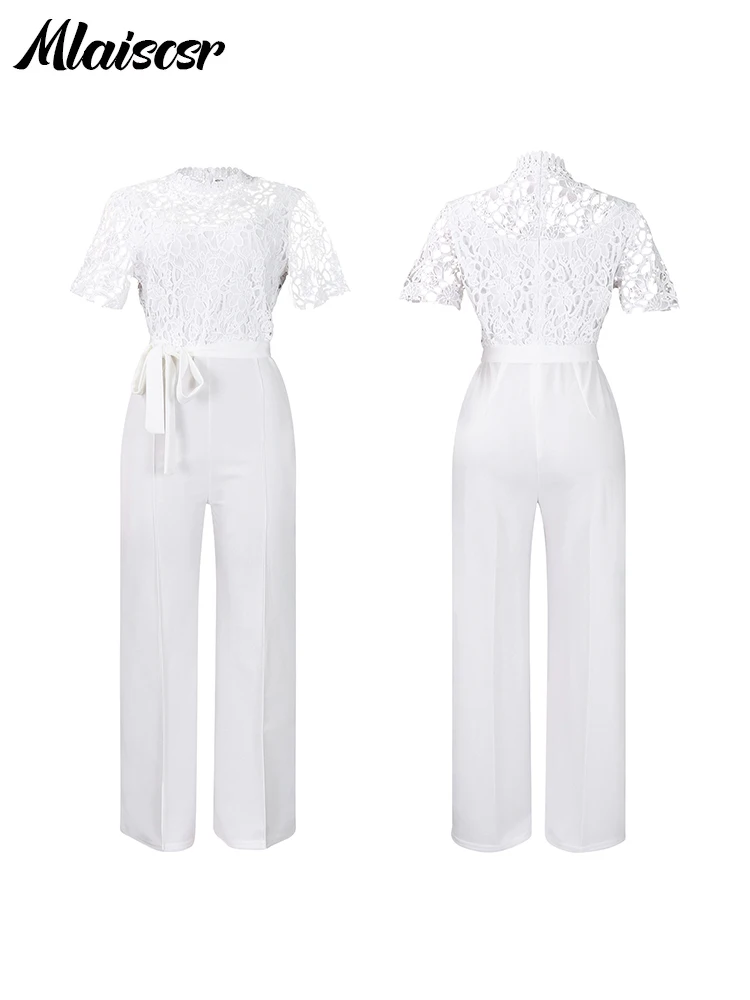 Mlaiscsr Elegant White Jumpsuits with Sashes Club Outfit for Women Lace Patchwork Short Sleeve Birthday Party One Piece Rompers