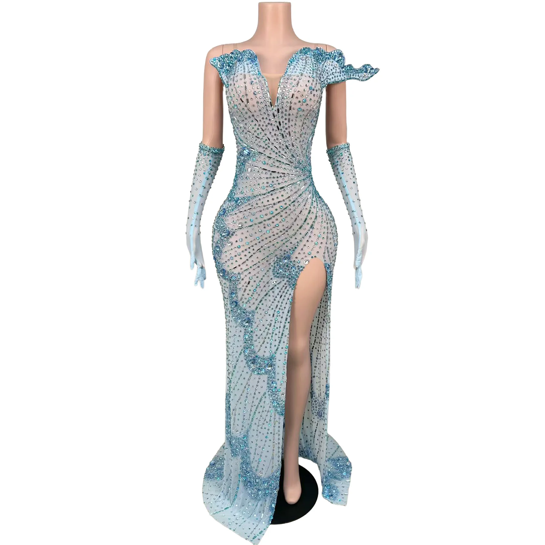 Yudie Luxury Sky Blue Crystal Embellished Maxi Gown Off Shoulder Ruffle Edge Sheer Mesh High Split Singer Performance Outfit