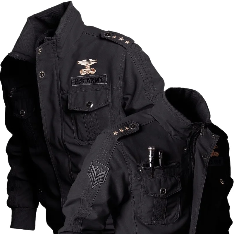 Standing Collar Tactical Jacket Mens Thickening Autumn Winter Multi Pocket Badge Embroidered Training Coats Casual Pilot Outwear