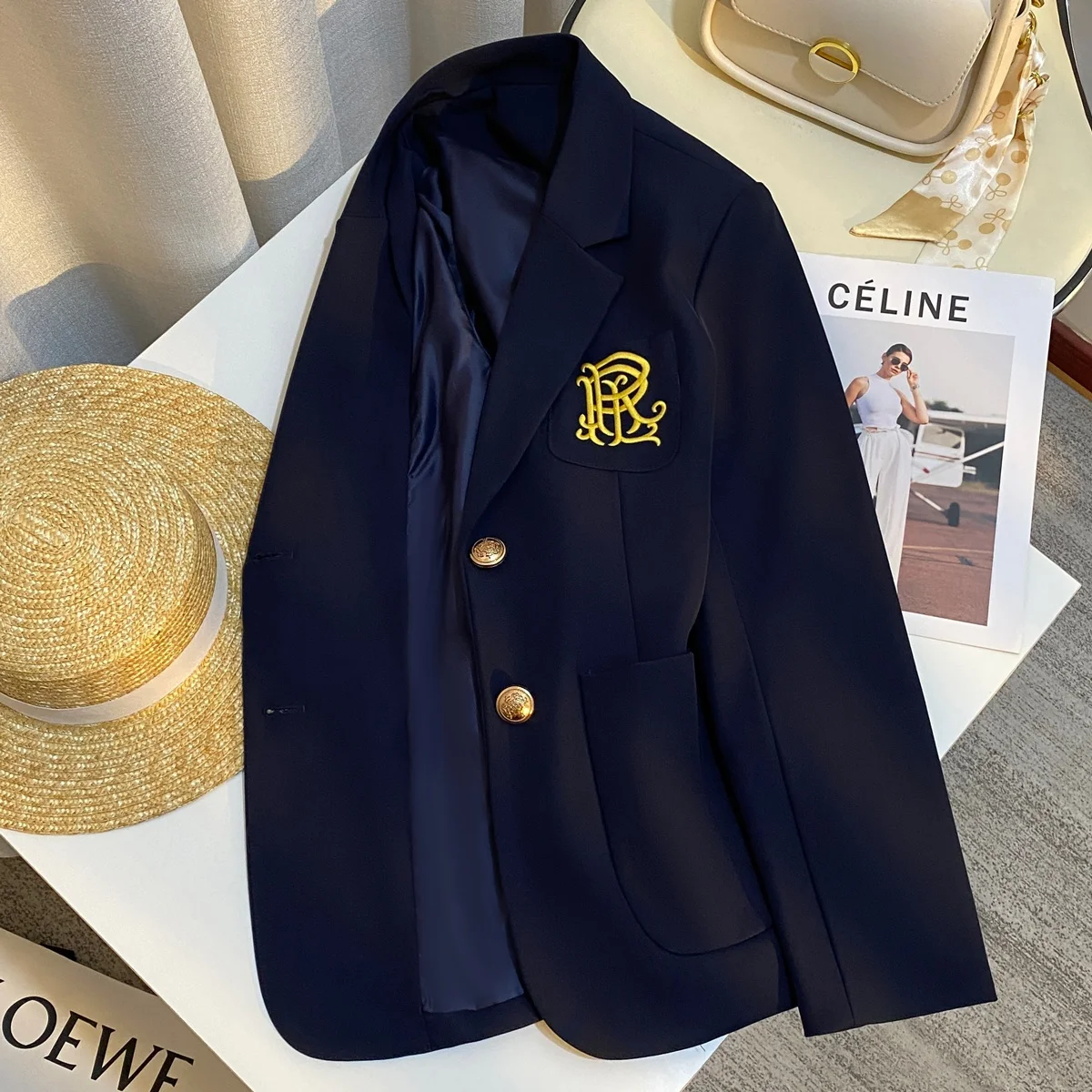 

Ele Embroidered Women's Suit Jaet in Royal Blue for Commuting 2024 Autumn Collection Straight Cut Long Sve Single Bu...