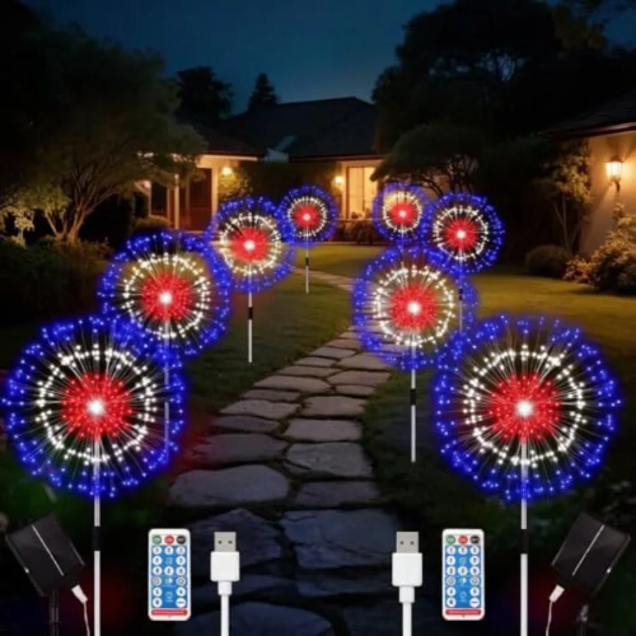 

Outdoor 4th of July Decorations: Solar Firework Lights, Red White Blue Patriotic Pathway Lights, Waterproof Garden Lights with