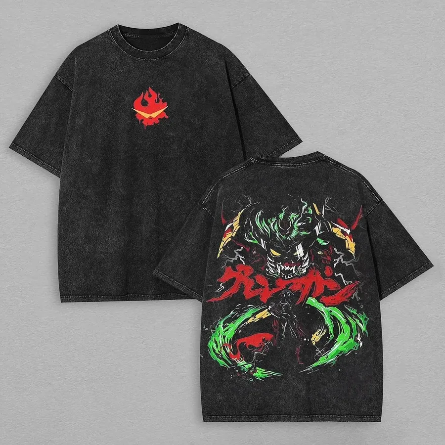 Tengen Toppa Gurren Lagann Graphic T-shirt Vintage Washed Retro Anime Streetwear Unisex Oversized Summer Cotton Tee Clothing