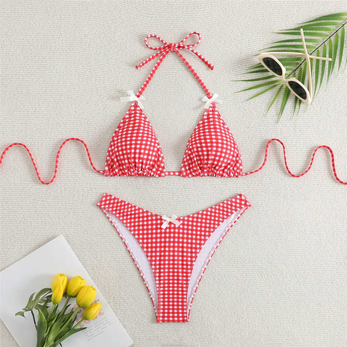 Rot Karierte Bademode String Halter Tanga Micro Bikini 2025, Sexy Badeanzug Frauen Schwimmen Anzug Dreieck Bikinis Sets Mujer Badende