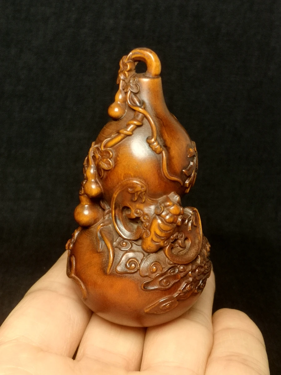 

1919 Antique art Size 3.2 Inch Chinese boxwood Wood Hand carved Bat Lagenaria gourd family Fengshui pendan home decoration Gift