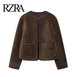 RZRA2024 Winter New Products Women's Round Neck Long Sleeve Pockets Fleece Splicing Jacket Short Retro All-match