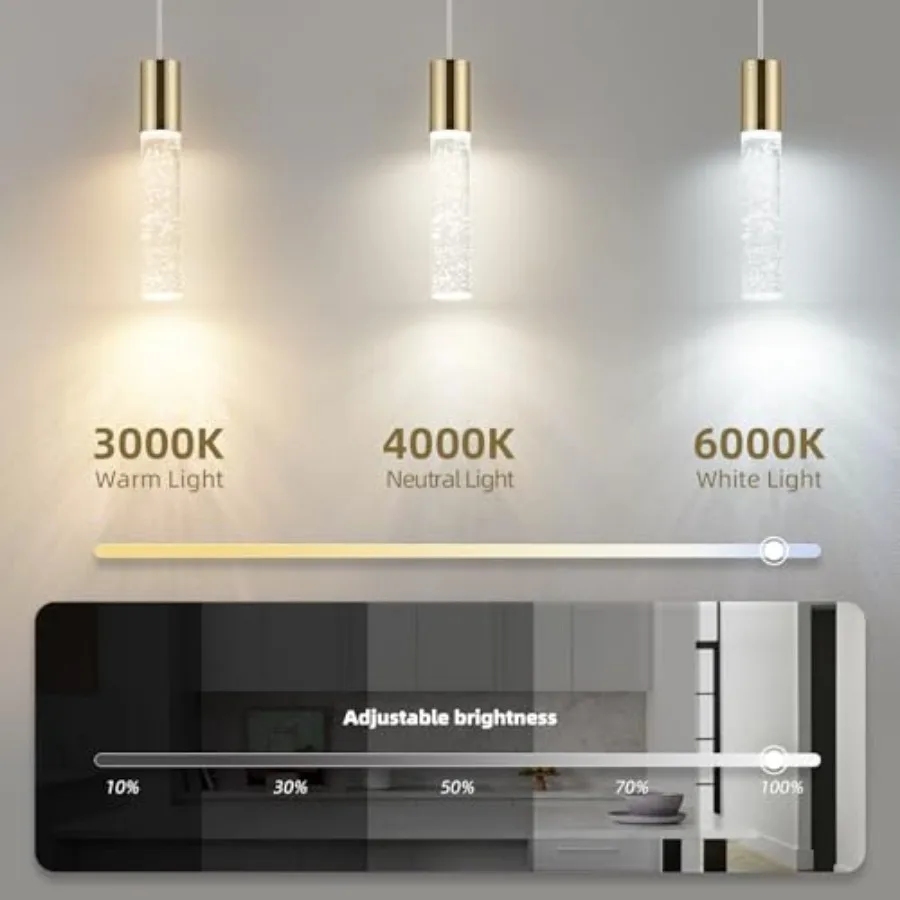 Modern Pendant Light, 3 Color LED Bubble Crystal Island Light Fixtures, Mini Pendant Lighting for Kitchen Island, Bar, 6W, 3000