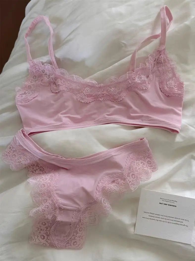 

Розовый кружевной бюстгальтер, женский бесшовный бюстгальтер с регулируемым ремешком + трусики с низкой талией, женские повседневные простые однотонные комплекты нижнего белья с высокой эластичностью