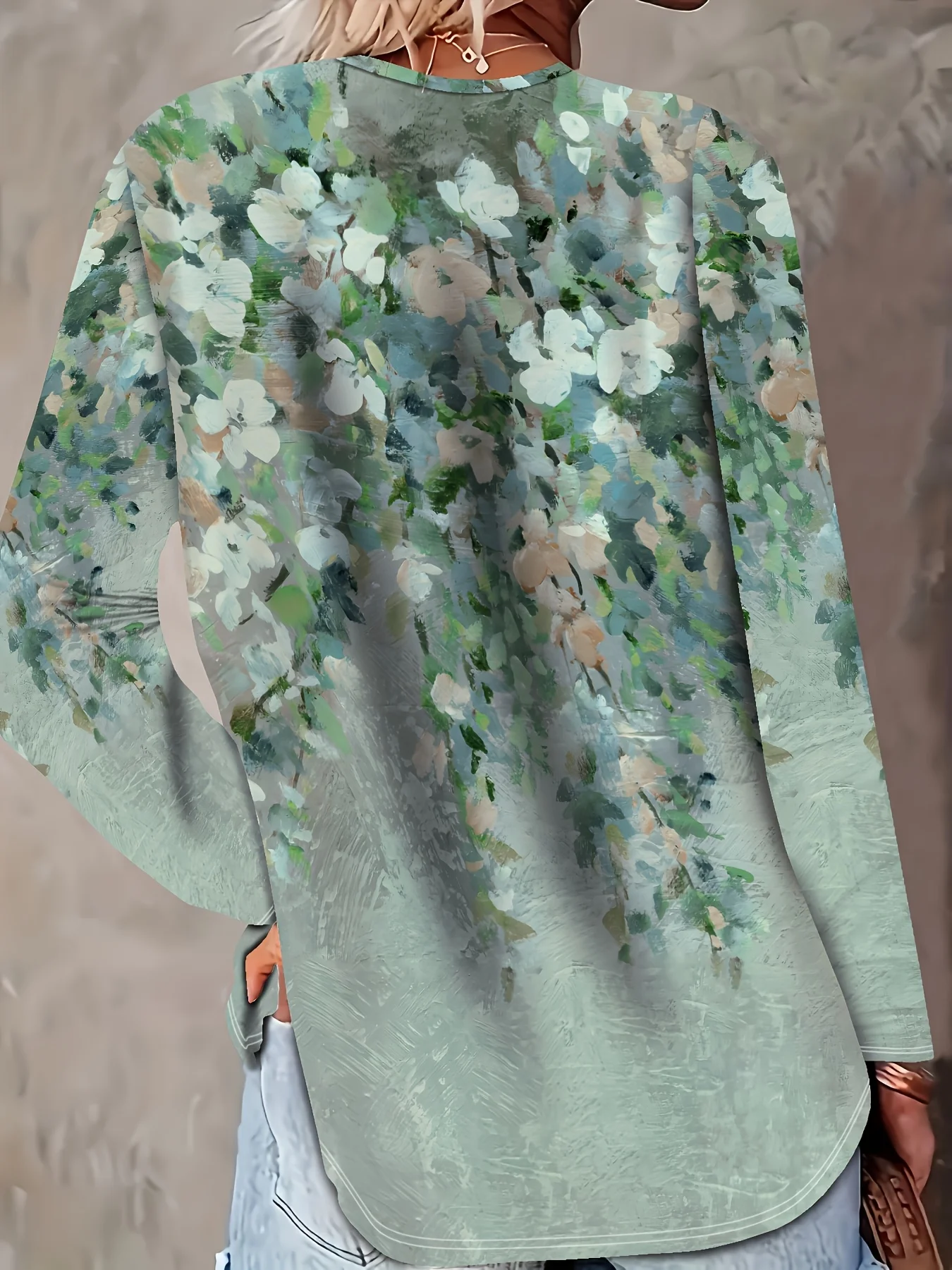 Women's Long Sleeve T-Shirt, Light Blue And Green Floral Print Pattern, All-Winter Holiday Style Top Suitable For Leisure And Sports Scenarios view 3
