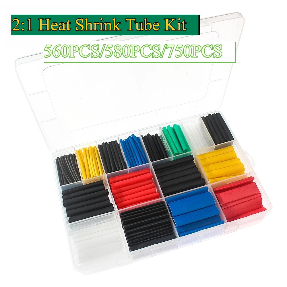 560/580/750pcs 2:1 Heat Shrink Tube Assorted Polyolefin Insulation Sleeving Wire Cable Sleeve Wrap Tubing Kit