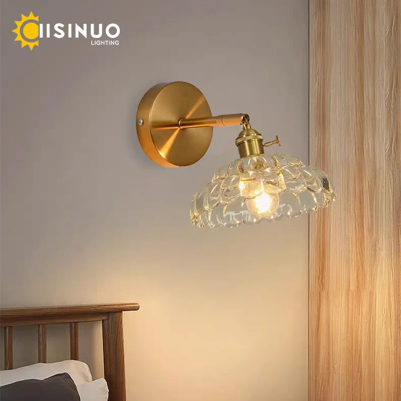 Up Down Rotate Wall Light Fixture Flower Clear Glass Bedside Night Light E27 Bulb Base for Home Kitchen Dining Room Study Decora