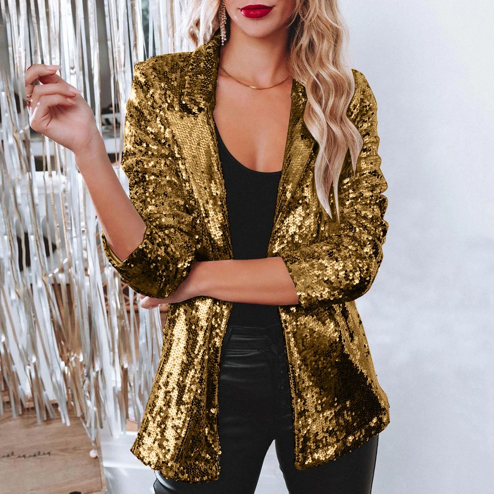 Sequin Shinny Blazer Jacket Women Casual Loose Blazer Stage Party Nightclub Costume Shirt Disco Rave Outerwear Chaquetas 2024