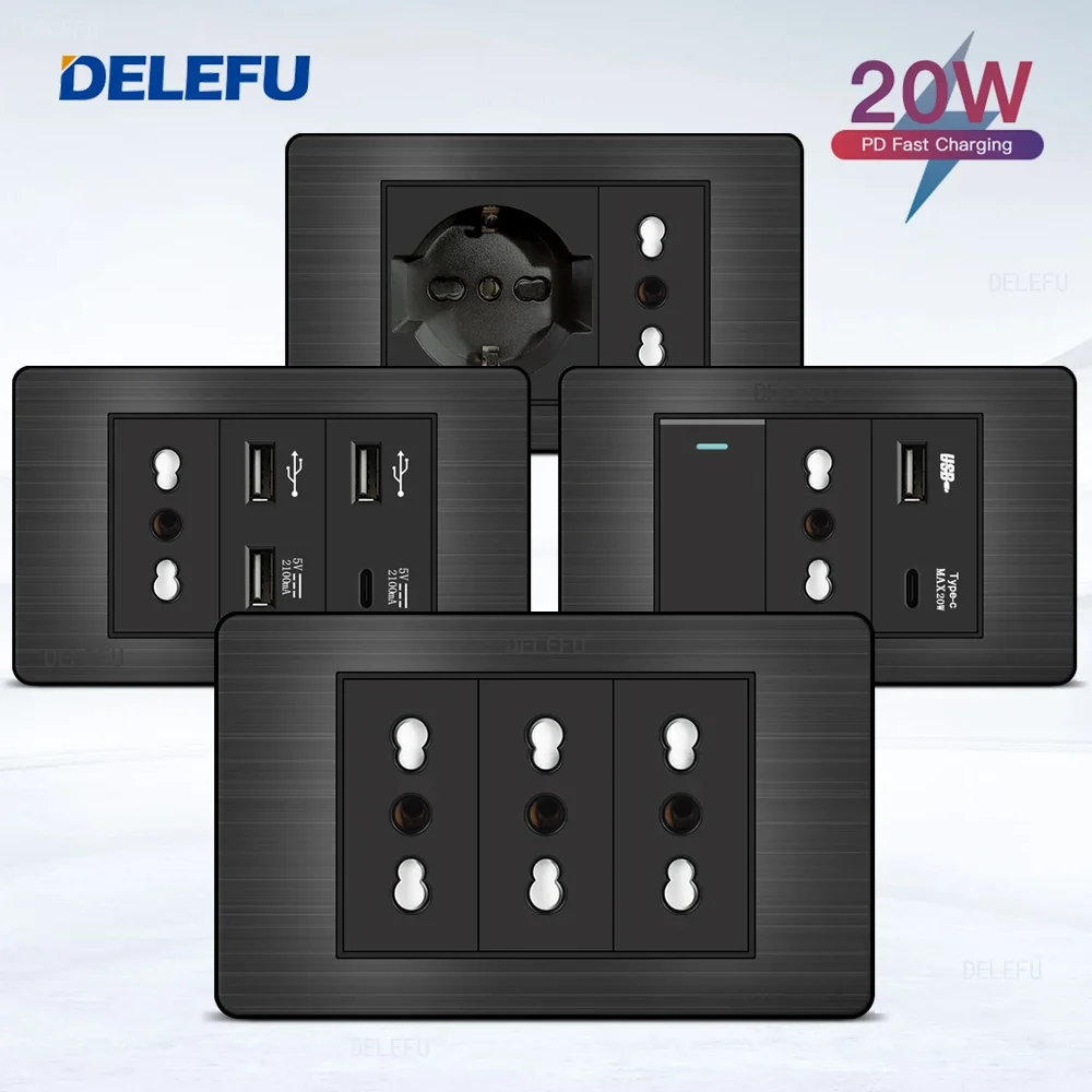 DELEFU Stainles Steel Black Italy Chile USB TypeC Fast Charging Socket Schuko Smart Switch Sat TV Tel Doorbell Curtain