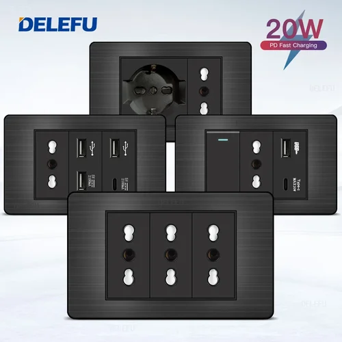 Imagen 1 del producto DELEFU acero inoxidable negro Italia Chile USB TypeC enchufe de carga rápida Schuko Tuya Wifi interruptor inteligente Sat TV Tel timbre cortina