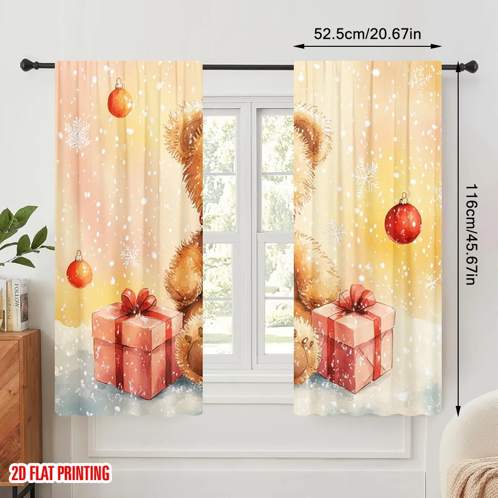 2pcs,2D plane printing Pattern Curtains Cute Teddy Bear Snow Winter Polyester (without rod) Decorations For Home for Bedroom,