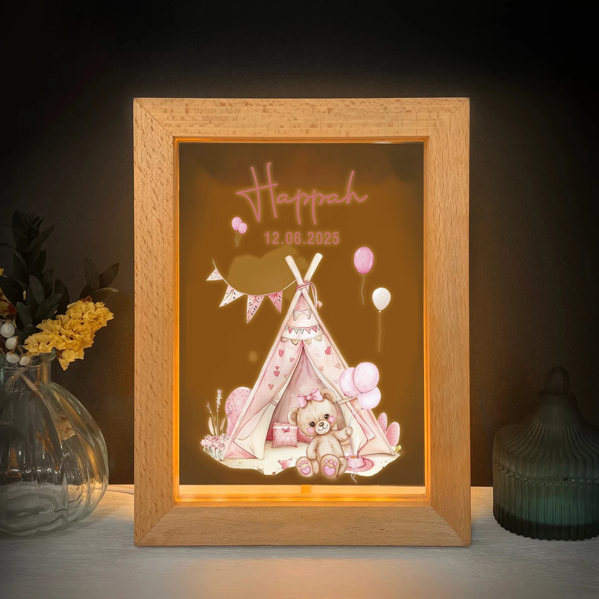 2D شقة مخصصة اسم الكرتون خيمة الدب LED الاكريليك ليلة ضوء الخشب إطار صور 21x17 سنتيمتر غرفة نوم الطفل هدايا ديكور المنزل