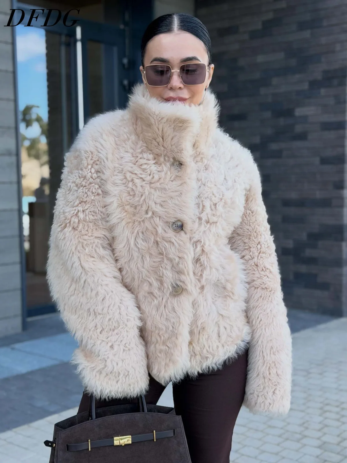 DFDG Women 2026 Curly Faux Fur Loose Short Jacket Stand Collar Button Design Warm Plush Winter Daily Fashion Outerwear Fur