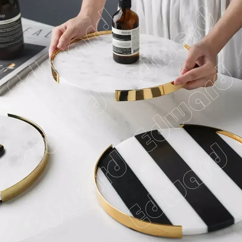 European Style Storage Tray Bathroom Storage Trays Gold Edge Decor Natural Marble Circular Trays Home Kitchen Storages Trays