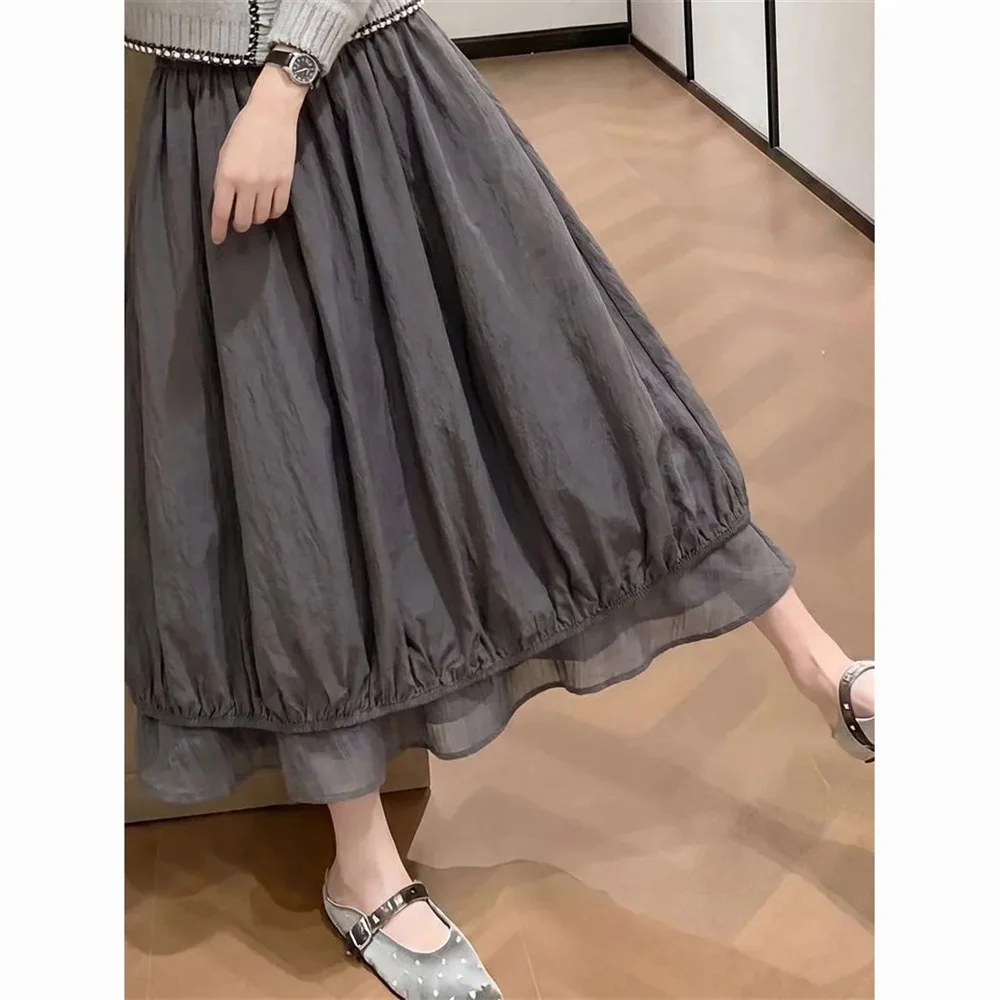 Sweet Puff Skirt Vintage Gray French Romantic Chiffon Splicing Long Skirt Women Korean Elasticity High Waist Cake Skirt