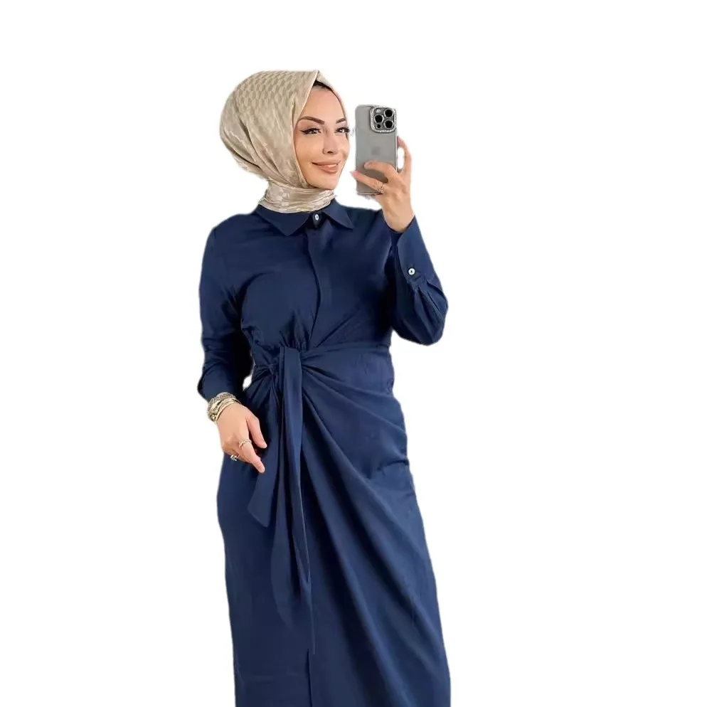 فساتين نسائية ضيقة الخصر قابلة للطي بأربطة بقصة ضيقة وأكمام طويلة فستان سادة بياقة مقلوبة مقسمة مستقيمة فيستدوس عتيقة 2025