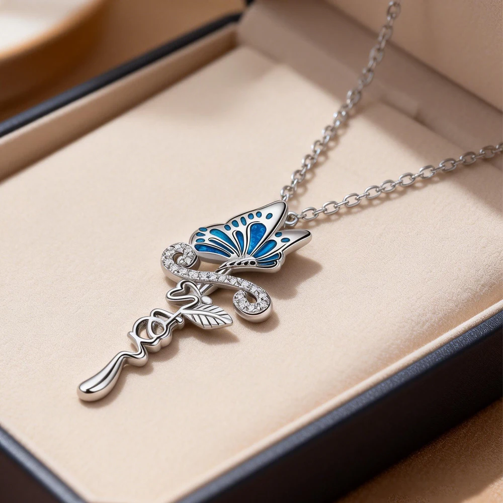 Elegant Blue Butterfly Faith Necklace for Women Cross Pendant with Sparkling Zircon Catholic Prayer Cute Christian Jewelry Gifts