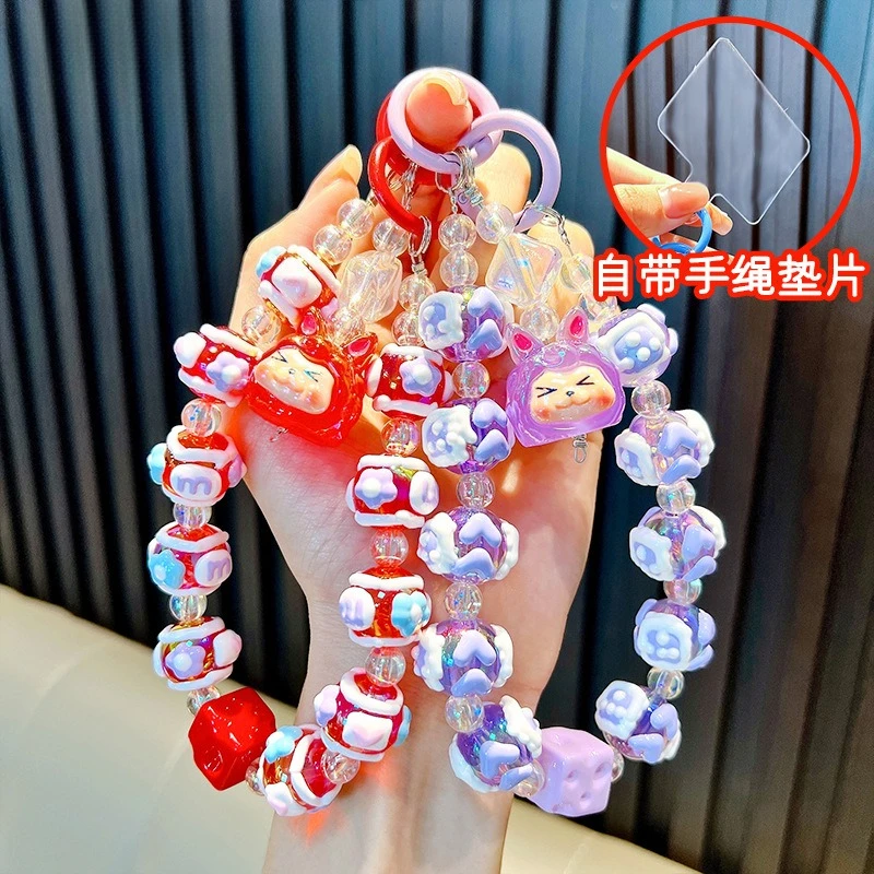 

Cute Cat Phone Chain W/Card Bow Hand Drawn Beads Charm Wrist Strap Earphone Case Pendant Bag Decor Chain Lanyard jewelry Gifts