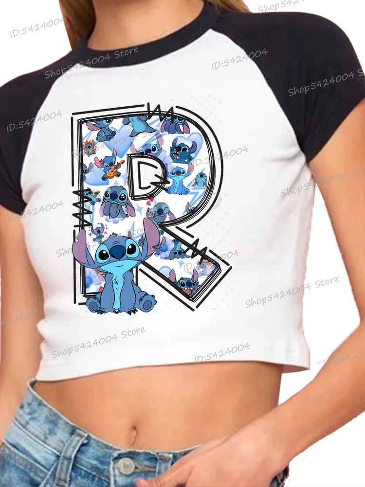 

Women's Clothing Cute Stitch Letter A-Z Short Sleeve T-shirt Slim Fit Tops Female O-Neck Y2K Tshirt Cartoon Stitch Crop Tops