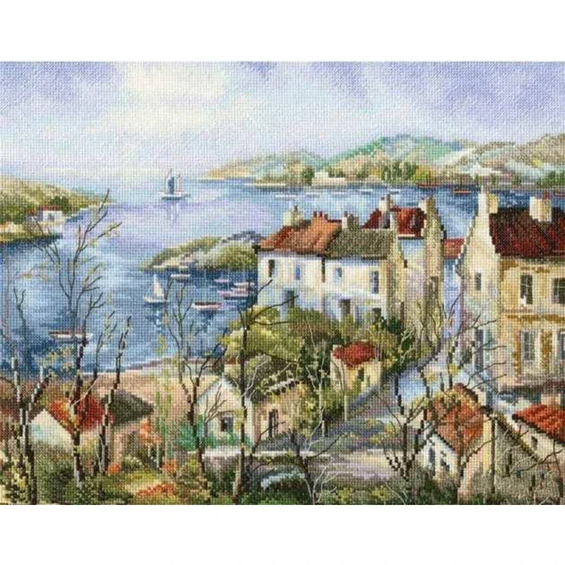 Gold Collection Counted Cross Stitch Kit CalmTown By The Sea Calm Town Seaside Retreat City Village Lake House Home Rto M554