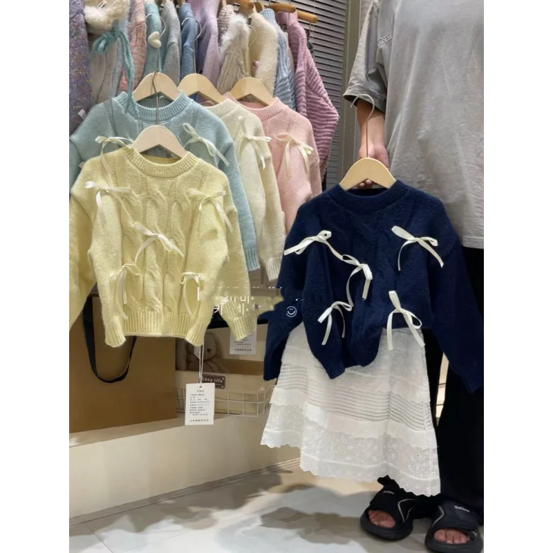 

Girls' Korean Style Outfits for Autumn and Winter2025New children's super cute sweater stylish little princess bow knitwear