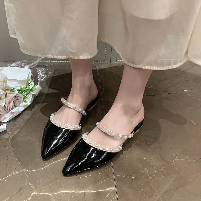 Pearl Baotou Semi-drag Girl 2026 New Summer Fairy Style Low Heel Outside Sandals