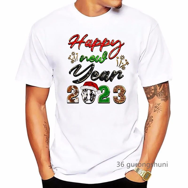 

New Leopard print Hello 2023 T-Shirt Happy New Year Party Gfit Merry Christmas Tshirt Men Clothes Men Tshirt Harajuku Tops