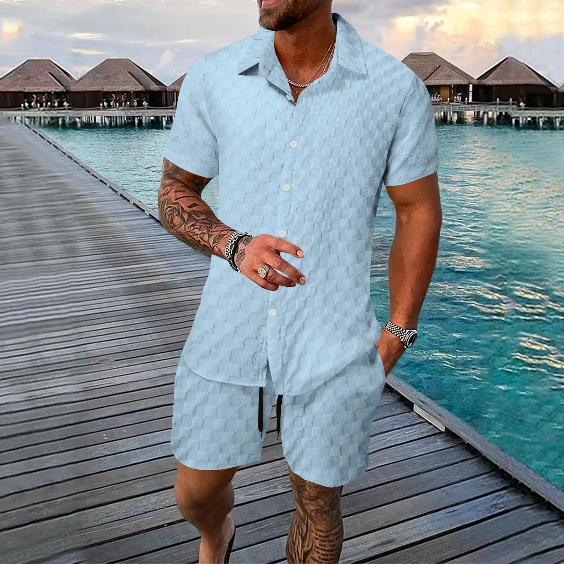 New 100% polyester men's fashion beach short sleeve set cardigan solid color checkered casual beach set