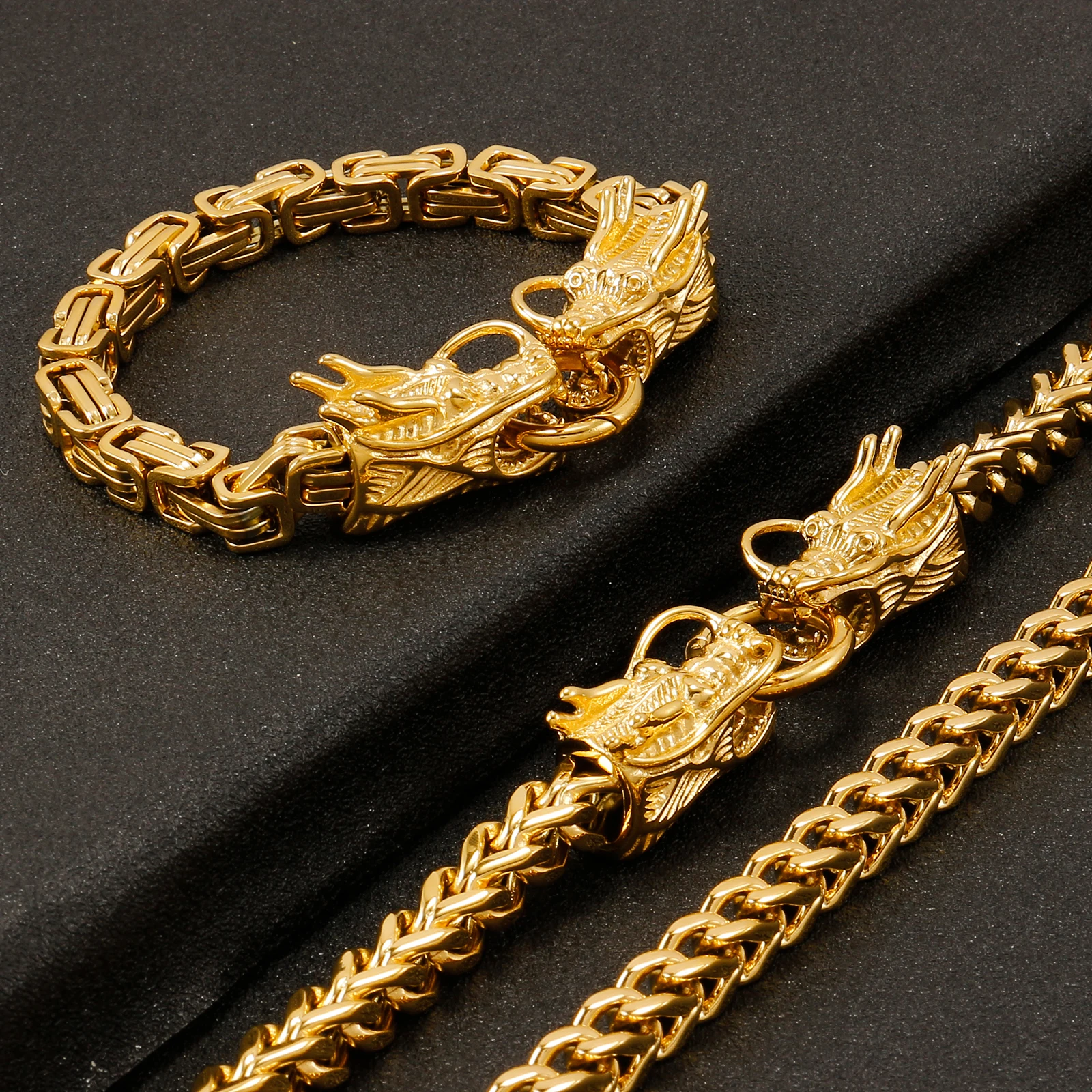 Dragon Buckle Cuban Byzantine Chain for Men Hiphop Gold Silver Color Bracelet Stainless Steel Jewelry Rock Accessories