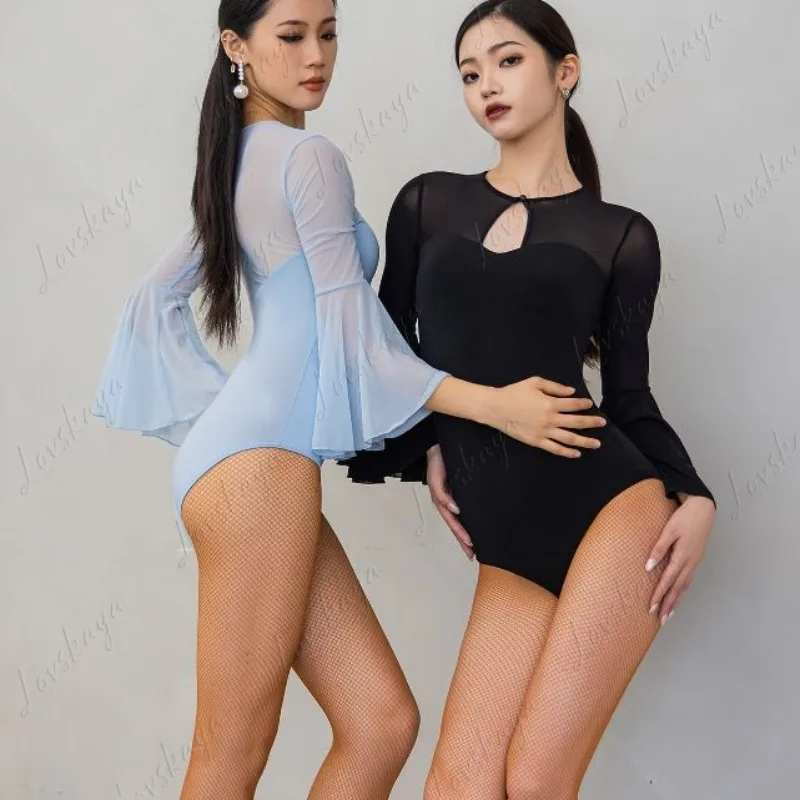 Yoga Onesie Langarm T-Shirt Damen Mesh Stitching Rundhals Horn Sleeve Latin Dance Bodysuit Top