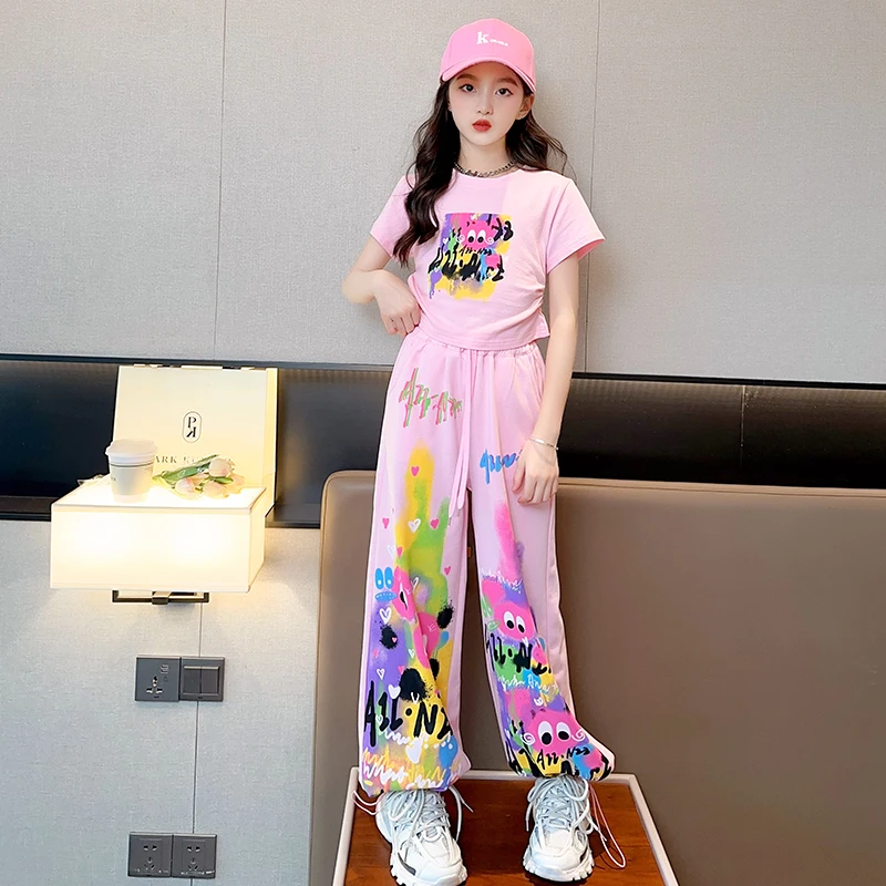 Cute Pink Cartoon T-shirt Pants Suit for Baby Girls Clothes Set Fashion Kids Straight Pants Teenage Rainbow Outfits In Summer 7t