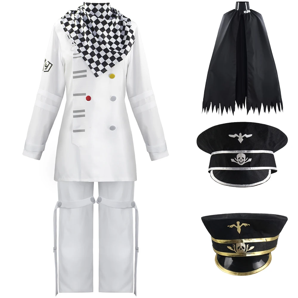

Danganronpa Kokichi Oma President Cosplay Full Set White Uniform Cloak Hat Checkered Scarf Anime Halloween Party Cos Outfit