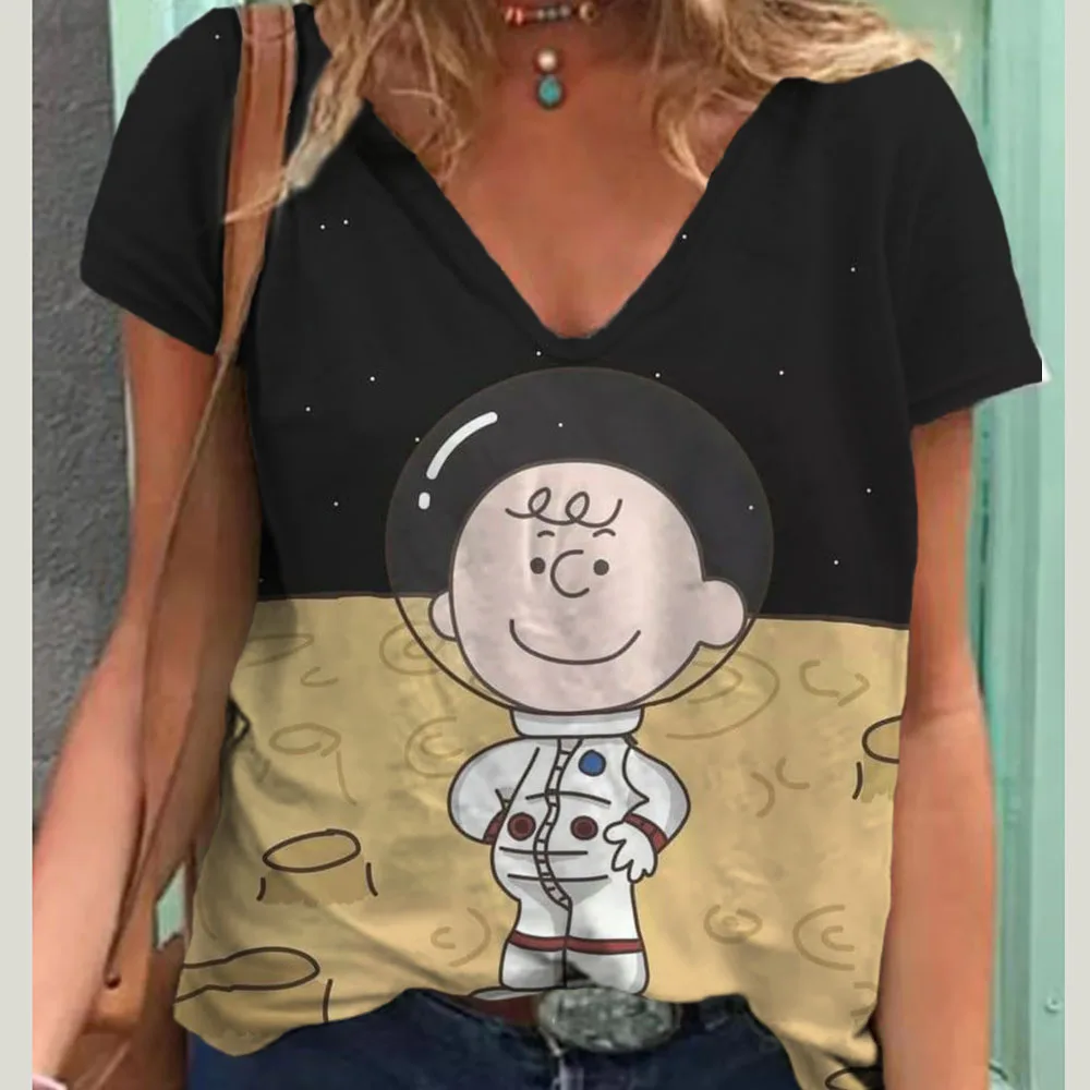 Snoopy 3D Print V-Neck Short Sleeve Tees Women‘S Oversize T-Shirt Fashion T-Shirts For Women Summer Y2k Woman Tops