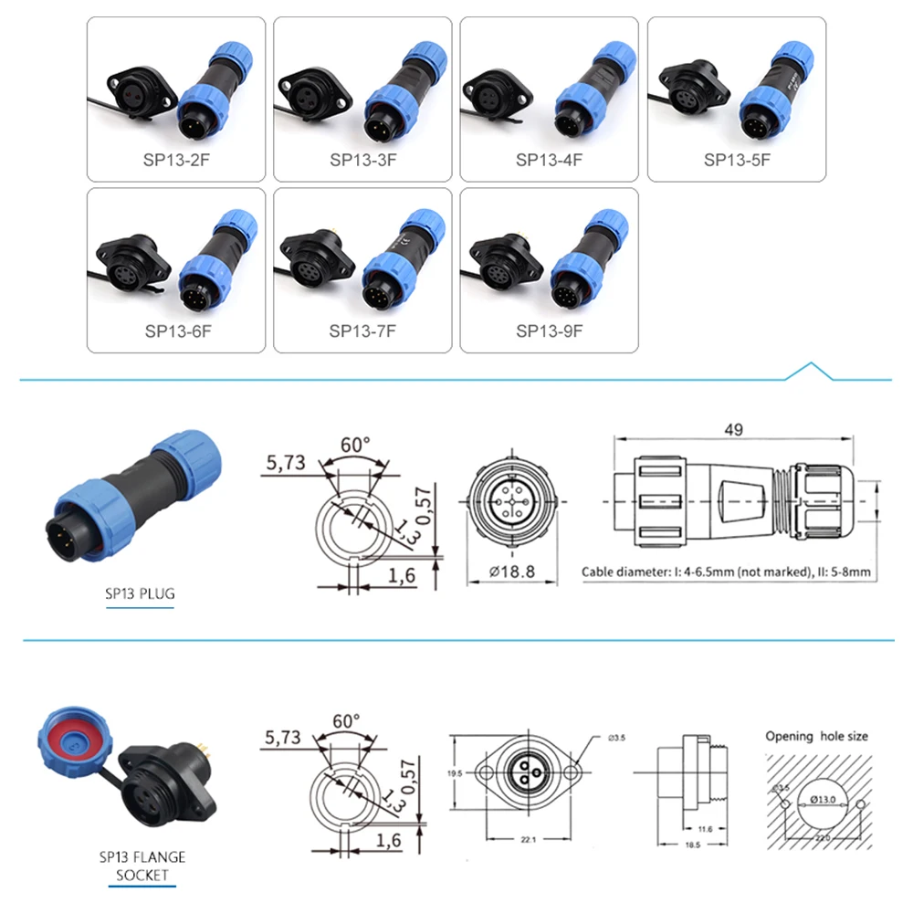 SP13 Flange Tpye IP68 Aviation Waterproof Connector Male Female Plug Socket Welding 2/3/4/5/6/7/9Pin Electrical Cable Connectors