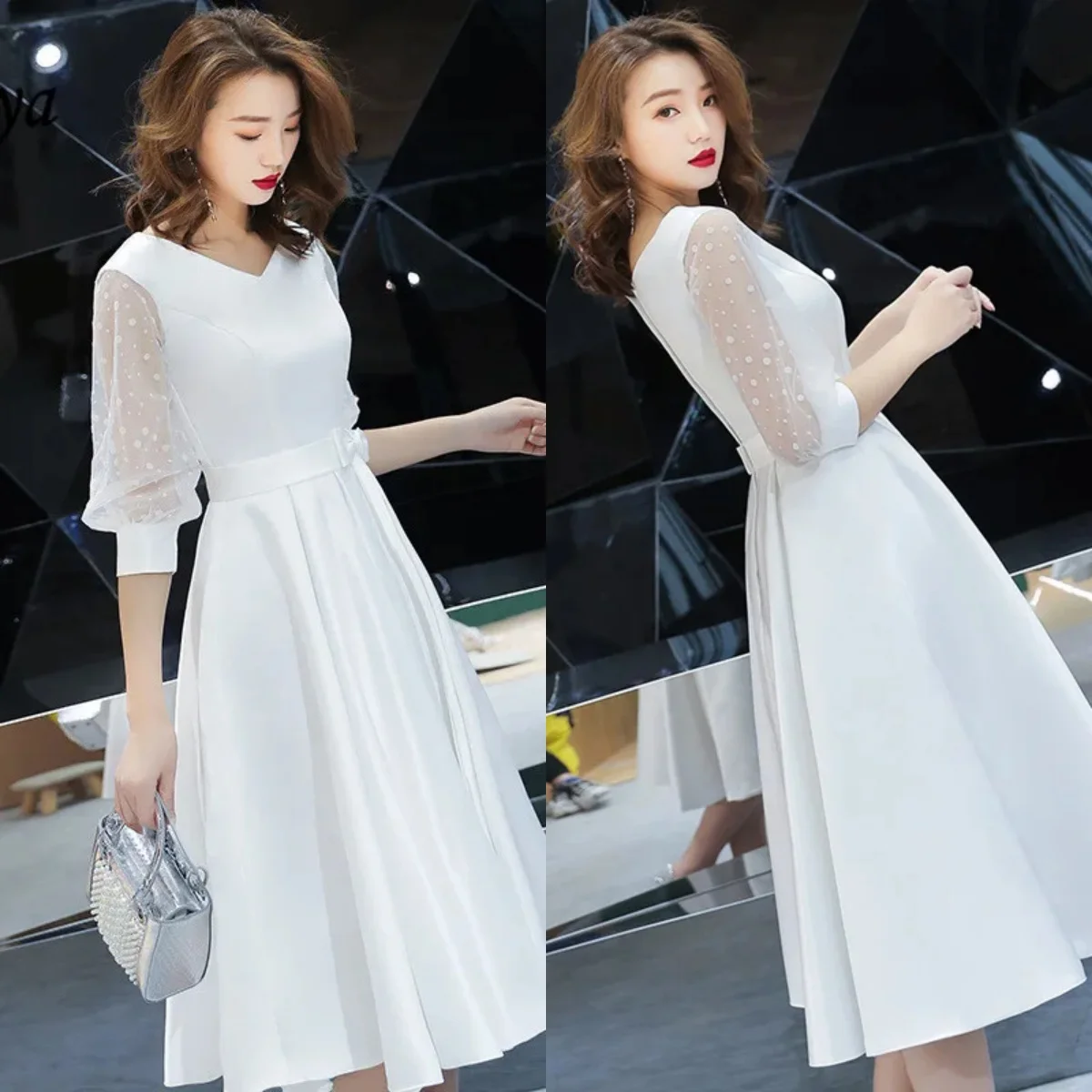 

White Evening Dresses Satin V-neck illusion Lantern Sleeves Zipper Bow A-line Tea-length Robe De Soiree Women Party Formal Gown