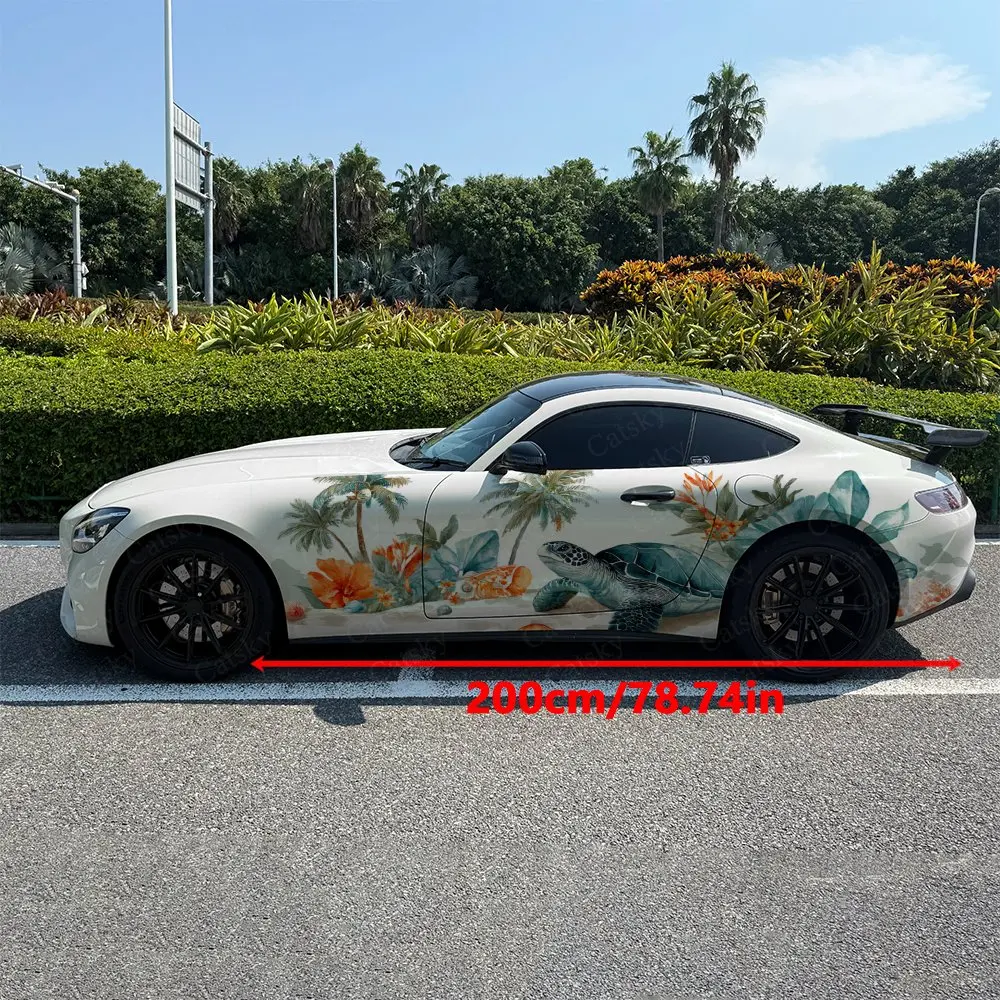 2pcs Tropical Island Sea Turtle Car Side Wraps, Self-Adhesive PVC Waterproof & Scratch-Resistant Stickers, Car Accessory Gift