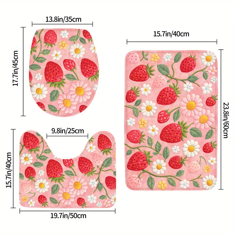 

Pink Strawberry Daisy Bathroom Rug Set 3 Piece Non Slip Soft Bath Mat Toilet Seat Cover U Shaped Rug Home Decor