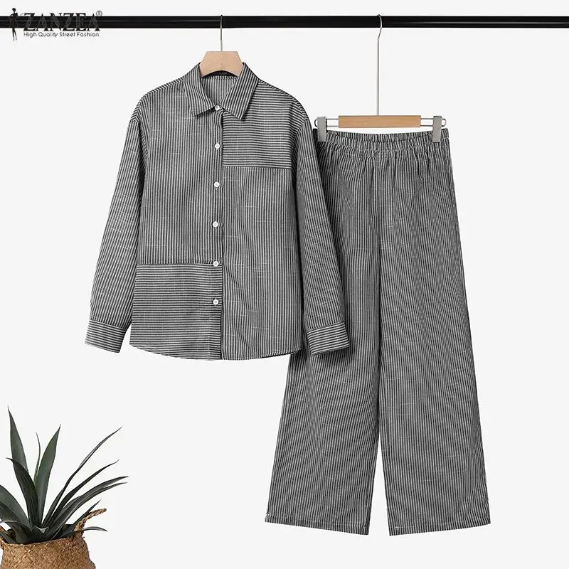 

ZANZEA 2026 Women Fashion Striped Pant Sets Vintage Long Sleeve Shirts and Wide Leg Pants Oversized 2PCS Casual Loose Print Sets