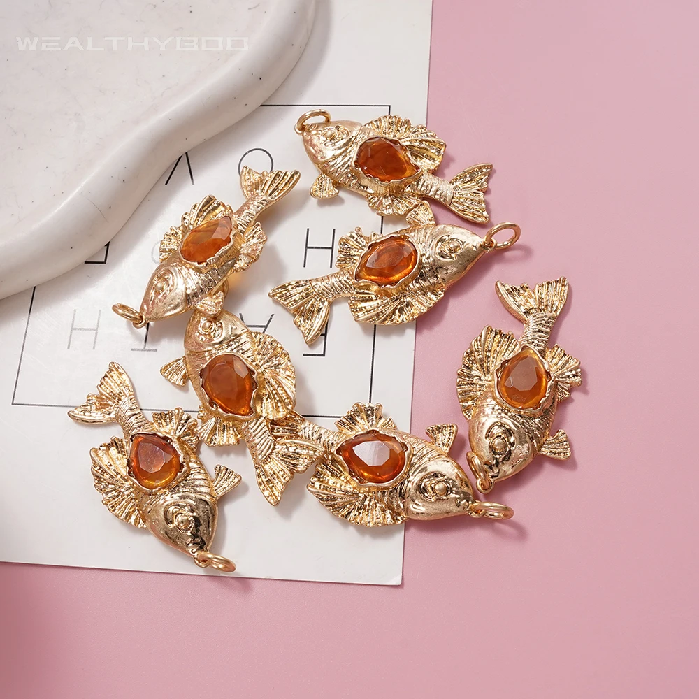 Gold Tone Fish Shape Pendant Charms With Orange Stone DIY Jewelry Accessories For Necklace Bracelet Craft Making Supplies